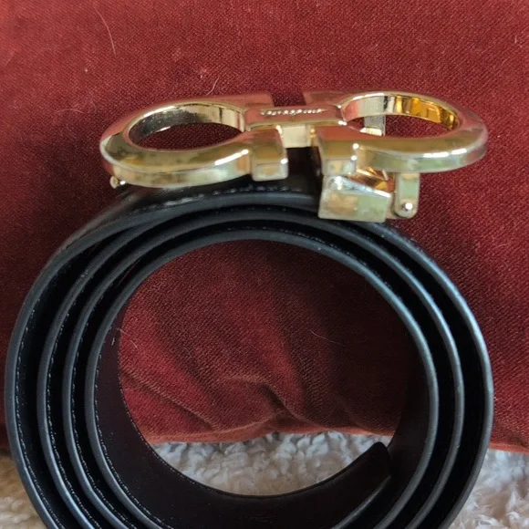 Salvatore Ferragamo Black Leather Belt with Gold Double Gancini Buckle